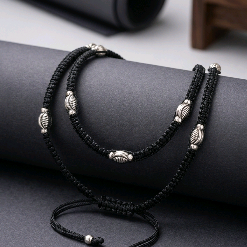 Silver Black Thread Anklets 